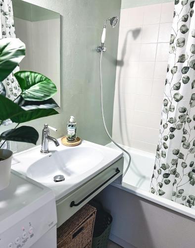 une salle de bain avec un lavabo et une douche dans l'établissement Le Cocon, à Gréoux-les-Bains
