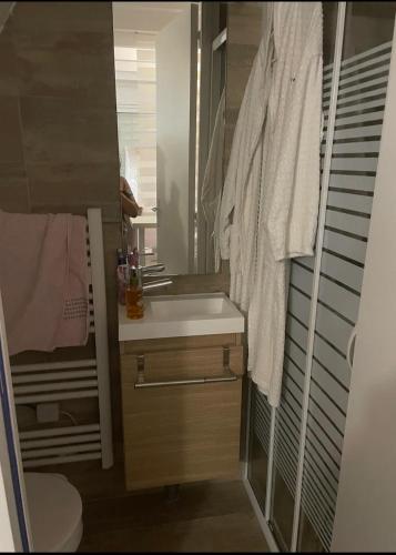 une salle de bain avec un lavabo et un miroir dans l'établissement Petit paradis accueillant piscine proche CNFDI Chambre privée, à Brunoy