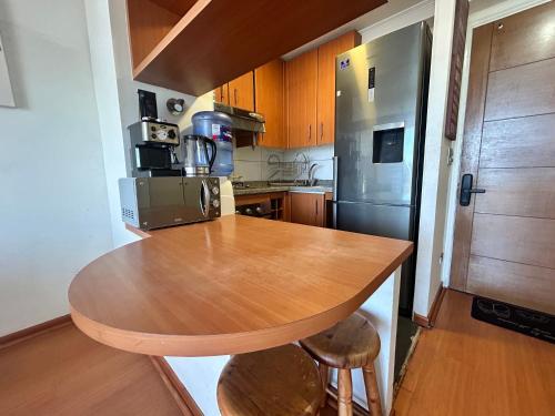 a kitchen with a wooden table and a refrigerator at Private apartment in Santiago in Santiago