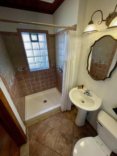 a bathroom with a sink and a shower and a toilet at Skyline Village Inn in Spruce Pine