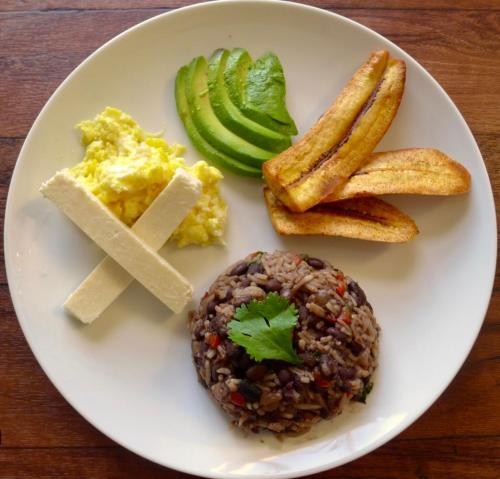 un plato de comida con arroz y frijoles y patatas fritas en Villas In Sueño Private Jungle Hotel en Manuel Antonio