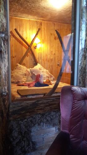 a bedroom with a bed with a large mirror at Cabañas Rukas Licantén in Licantén