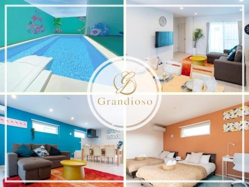 a collage of photos of a living room and a swimming pool at Grandioso Onna 7-D - Vacation STAY 86760v in Atsutabaru