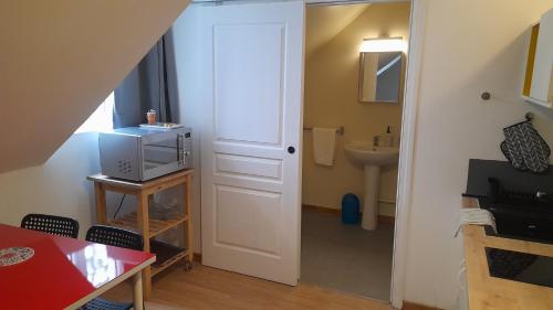 ein kleines Bad mit einer weißen Tür und einem Waschbecken in der Unterkunft Les studios d'Eric N6 in Tours