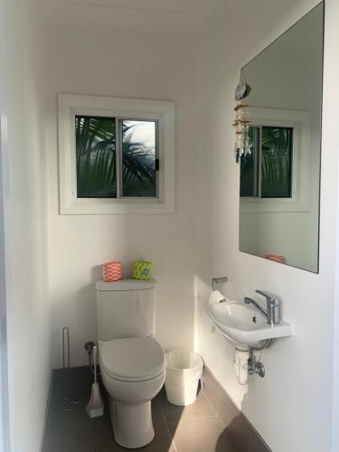 een witte badkamer met een toilet en een wastafel bij Woy Woy Staycation - Heated Pool & Hot Tub & Games Room in Woy Woy