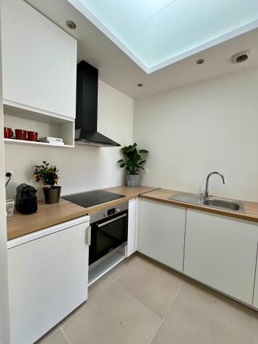 une cuisine avec des armoires blanches et un évier dans l'établissement Appartement Bordeaux centre, à Bordeaux