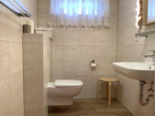 La salle de bains est pourvue de toilettes et d'un lavabo. dans l'établissement Land und Leute - Landleben Fewo 1, à Fritzlar