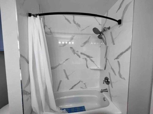 a bathroom with a tub and a shower with a shower curtain at Entire 3 BR & 2 BA house for business and family in Modesto