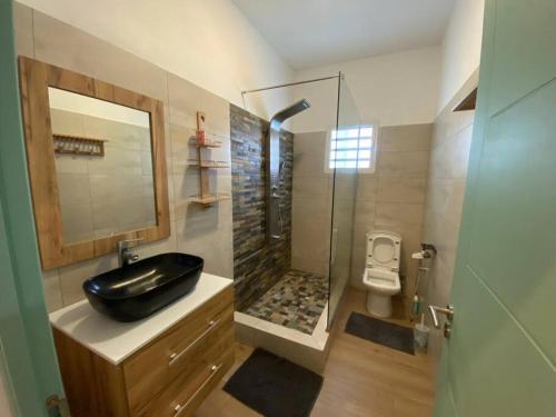 a bathroom with a black sink and a shower at 3 bedroom private villa in calm area in Grand Baie