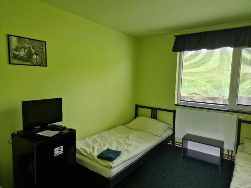 a green room with a bed and a television at Penzion a Motobar Bravantice in Bravantice