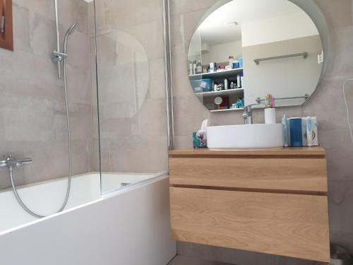 une salle de bain avec un lavabo et une douche dans l'établissement Chambres privées dans maison zen, à Dijon