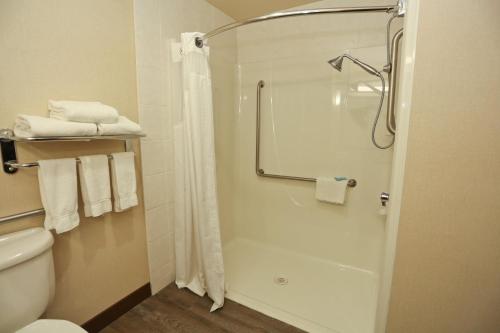 a bathroom with a shower and a toilet and towels at Holiday Inn Express Hotel & Suites Vernon by IHG in Vernon