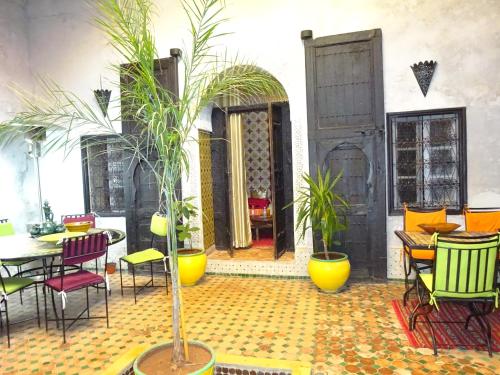 una habitación con mesas, sillas y macetas en Riad Menthe Et Citron, en Meknès
