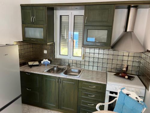 a kitchen with green cabinets and a sink at JIMI&JENNY in Gythio