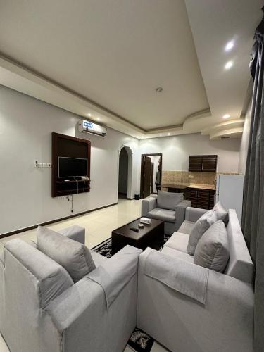 الجود للوحدات السكنية في الرياض: غرفة معيشة مع كنب وتلفزيون بشاشة مسطحة
