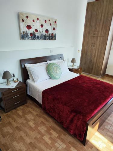 a bedroom with a large bed with a red blanket at Mariam Apartment in Larnaka