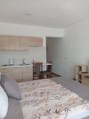 een slaapkamer met een groot bed en een keuken bij Apartments Karić Aerodrom Tuzla in Dubrave Gornje