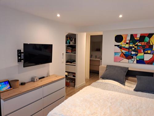 una camera con letto e TV a schermo piatto di Appartement 3 pièces à 5 minutes de la plage a Saint-Laurent-du-Var