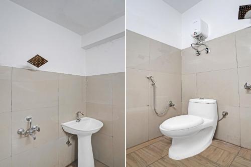 two pictures of a bathroom with a toilet and a sink at OYO Flagship Hotel Grand Shiva in Noida