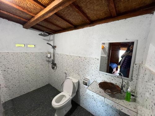 a bathroom with a toilet and a mirror at Serenity Lodge Tetebatu Lombok in Tetebatu
