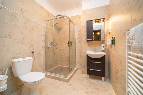 a bathroom with a shower and a toilet and a sink at Komló Hotel Gyula in Gyula