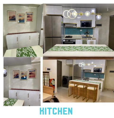 a collage of four pictures of a kitchen at Twin Lakes Vineyard Residences in Tagaytay