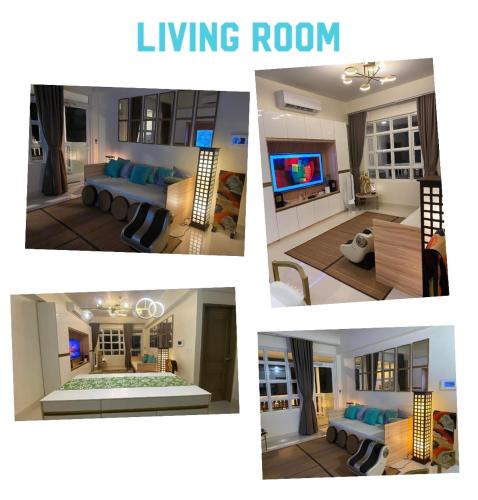 a collage of four pictures of a living room at Twin Lakes Vineyard Residences in Tagaytay
