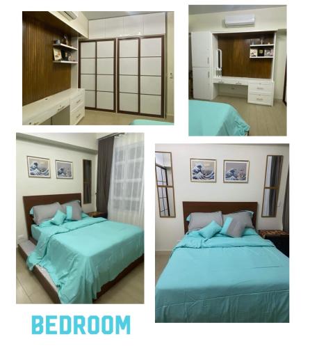 a collage of three pictures of a bedroom at Twin Lakes Vineyard Residences in Tagaytay