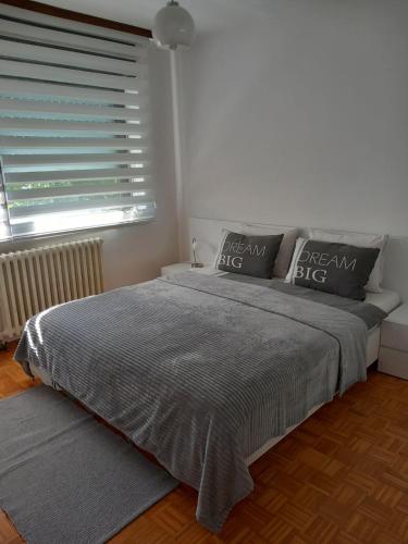 Un dormitorio con una cama con dos almohadas y una ventana. en Stan Breka, en Sarajevo