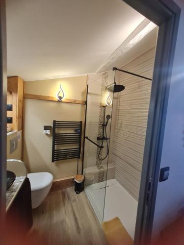a bathroom with a glass shower and a toilet at La babounette in Jaujac
