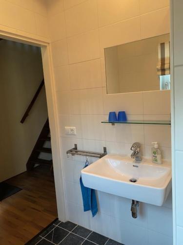 een badkamer met een wastafel, een spiegel en een trap bij Vakantiehuis NamaStee in Schoonloo
