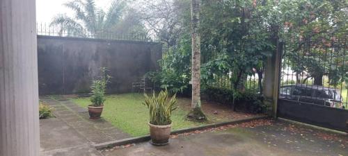 un patio con dos macetas y una valla en LGG Résidence, en Douala