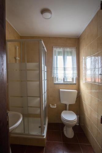 a bathroom with a toilet and a shower and a sink at Ria de Aveiro White House in Murtosa