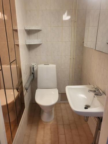 La salle de bains est pourvue de toilettes et d'un lavabo. dans l'établissement 2 floor apartment with 3 bedrooms, 6 beds, à Närpiö