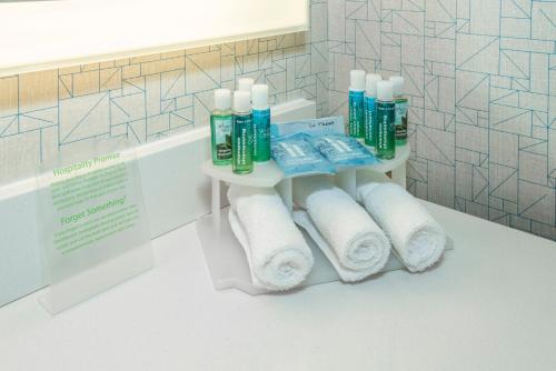 uma prateleira com papel higiénico e produtos de higiene pessoal na casa de banho em Holiday Inn Express & Suites Medicine Hat, an IHG Hotel em Medicine Hat