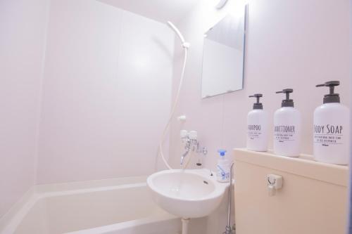 a bathroom with a sink and a toilet and a mirror at 閑静な住宅街_暖かく居心地の良いデザイン EoW-7 in Tokyo