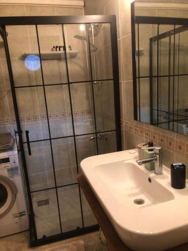 ein Badezimmer mit Waschbecken und Dusche in der Unterkunft OZZY HOMES MÜSTAKİL BAHÇELİ MÜTHİŞ VİLLA in Antalya