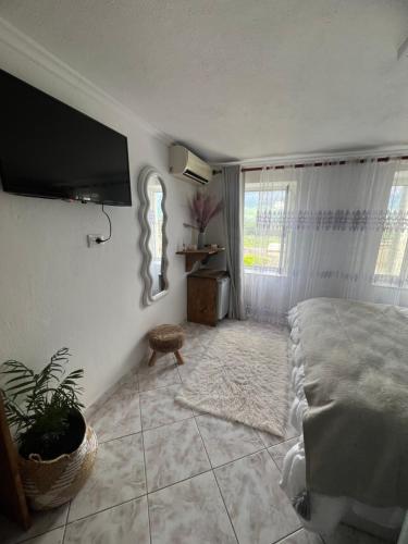 a bedroom with a bed and a flat screen tv at Himalayas in Gjirokastër