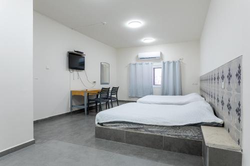 1 Schlafzimmer mit 2 Betten, einem Schreibtisch und einem TV in der Unterkunft אכסניית הנסיך הקטן-בני נוער in Eilat