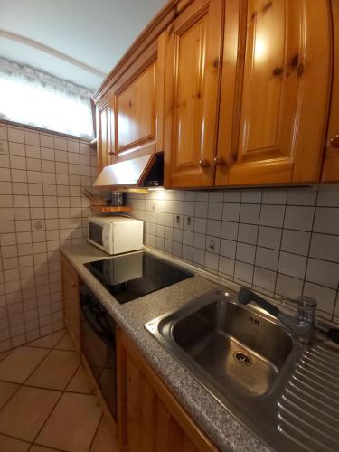 eine Küche mit einer Spüle aus Edelstahl und Holzschränken in der Unterkunft Majon Di Roces in Canazei