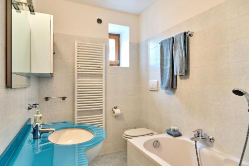 La salle de bains est pourvue de toilettes bleues et d'un lavabo. dans l'établissement Appartamento Dilva, à Vigolo Vattaro