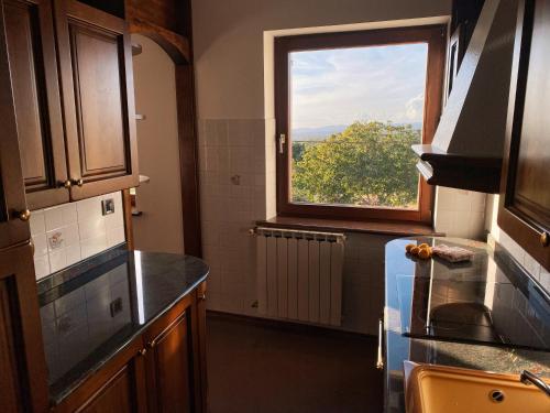 a kitchen with a window and a counter top at Apartma Domačija Bole in Sežana