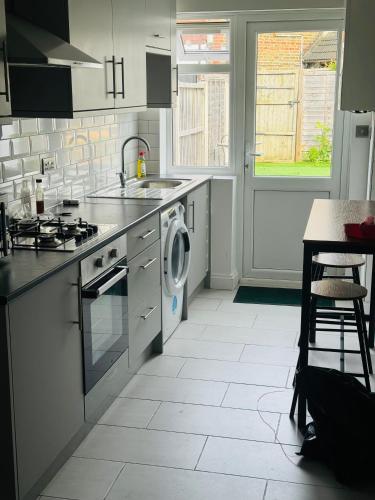 eine Küche mit einer Spüle und einer Waschmaschine in der Unterkunft City Dreams in Croydon