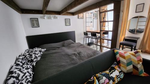 Un dormitorio con una cama grande en una habitación. en Centrum Karlovy Vary Divadelní, en Karlovy Vary