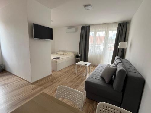a living room with a black couch and a bedroom at Smeštaj Milutinn in Soko Banja