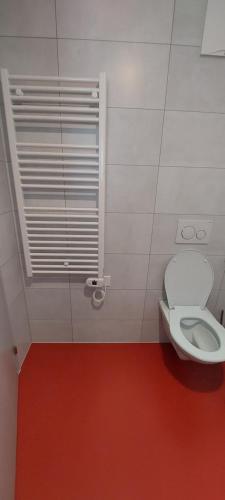 a bathroom with a toilet and a red floor at Auberge de Bellelay Restaurant Chez Aron Balde in Bellelay