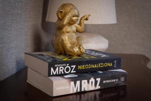 a stack of books with a statue sitting on top of them at Pensjonat Zakątek in Lidzbark