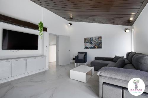 een woonkamer met een bank en een flatscreen-tv bij Charming Villa Sam in Albufeira