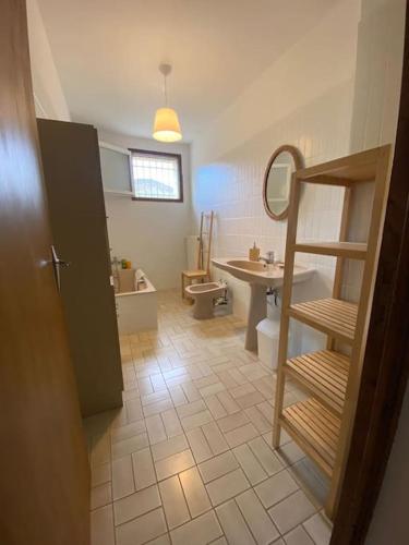 une salle de bain avec un lavabo, des toilettes et un miroir dans l'établissement Belle maison de campagne familiale - 8 personnes, à Lachau
