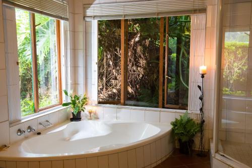 y baño con bañera grande y ventanas. en Kings Grant Country Retreat, en Ixopo